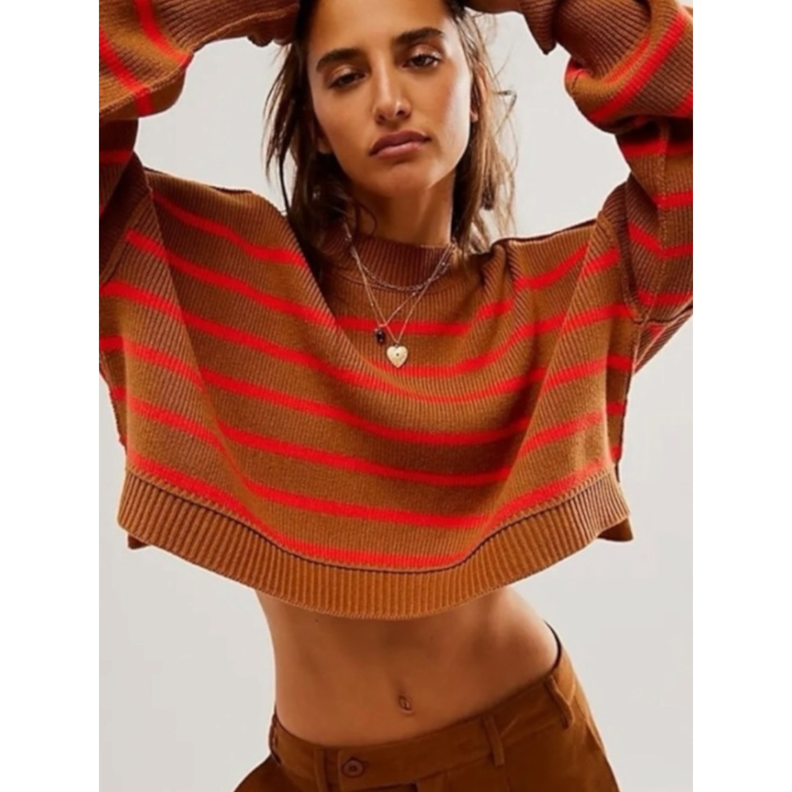 Free People Easy Street Stripe Crop Pullover Sweater Brown Orange Large